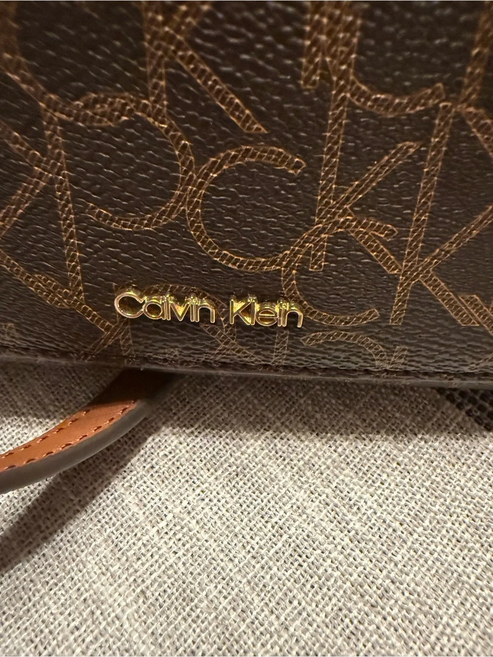 Calvin Klein Brown Monogram Tote with Gold Logo